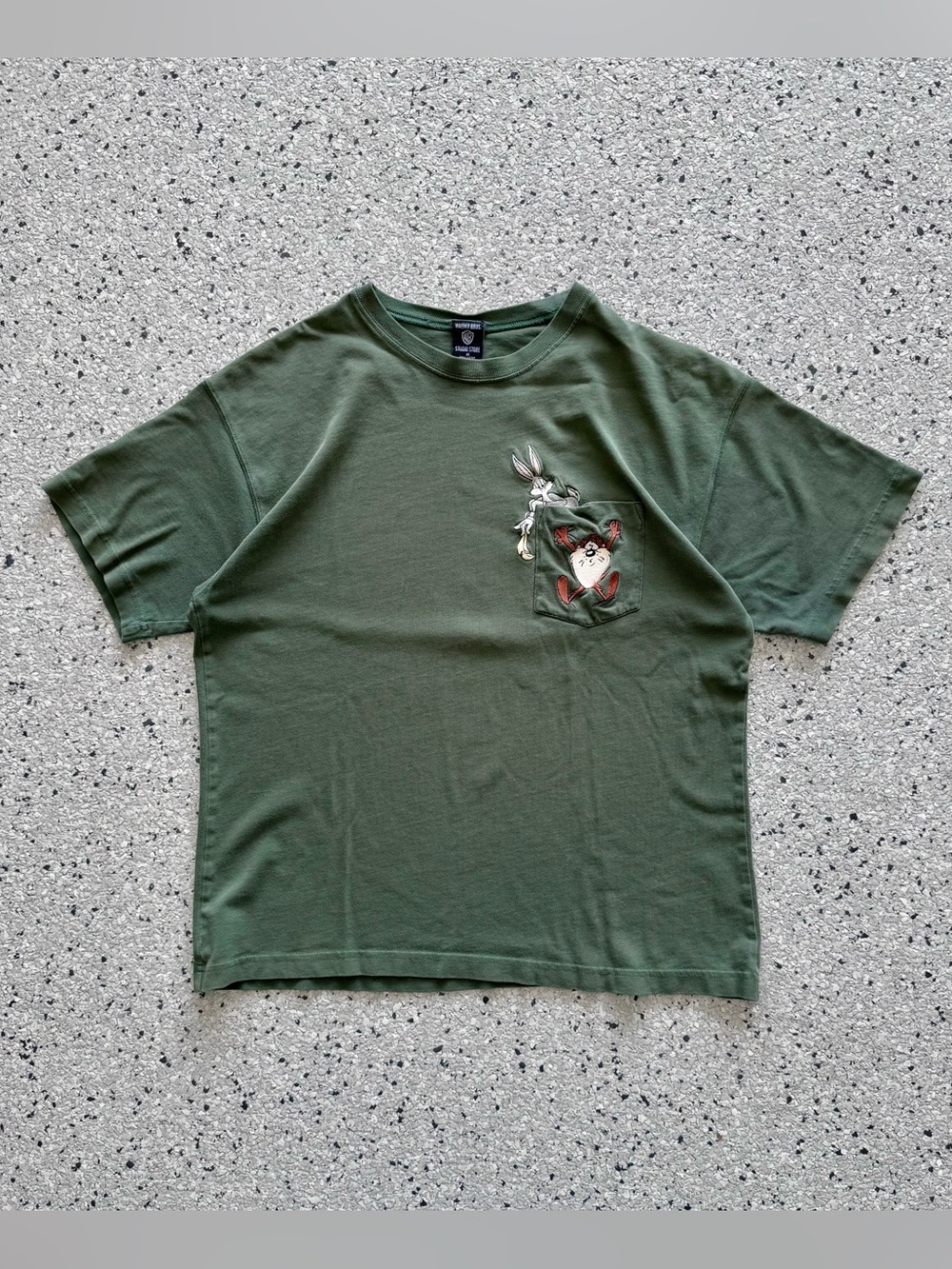 Vintage 90s Looney Tunes Pocket T-Shirt Embroidered Green Bugs Bunny & Taz Sz M